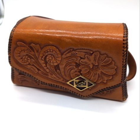 Vintage Hand Tooled Leather Purse with unique diamond clasp Vintage Hand Tools, Tooled Leather Purse, Hand Tooled Leather, Handmade Handbags, Unique Diamonds, Tooled Leather, Women Accessories Bags, Leather Tooling, Leather Purse