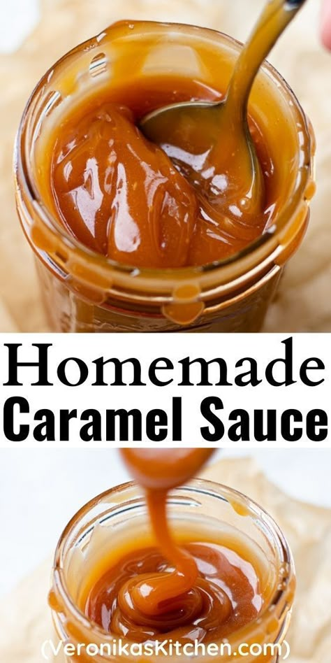 Caramel sauce in a glass jar with a spoon. No Cream Caramel Sauce, Canned Caramel Sauce, Salted Butter Caramel, Easy Caramel Sauce Without Heavy Cream, Caramel Sauce Without Heavy Cream, Caramel Sauce For Apples, Salted Caramel Apple Butter, Caramel Toppings, Diy Caramel