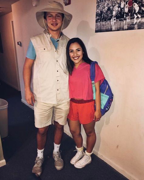 If you and your SO skid by with the bare minimum at Halloween parties each year, bookmark this for later. We've found more than 120 simple costume ideas for Pong Tournament Outfits, Dora And Boots Costume Couple Halloween, Dora And Boots Costume, Cheap Couples Halloween Costumes, Diy Couples Halloween Costumes, Carnaval Outfits, Simple Costumes, Partner Costumes, Mom Prom