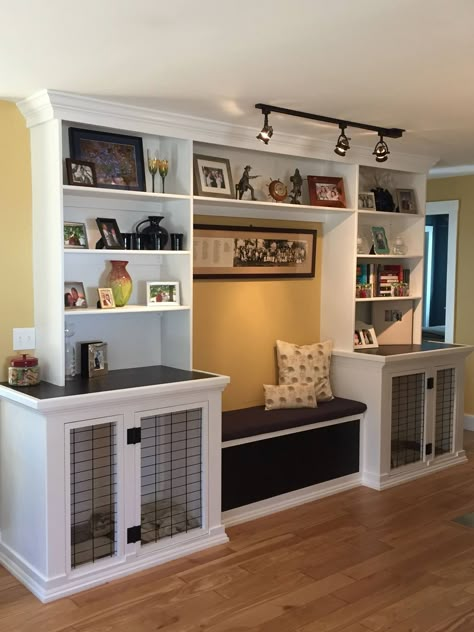 Dog kennels, bench seat with storage and built in bookshelves. Bench Seat With Storage, Seat With Storage, Built In Bookshelves, Diy Dog Crate, Ikea Inspiration, Dog Kennel Furniture, Diy Dog Kennel, Diy Entertainment, Storage Bench Seating