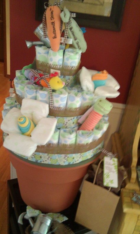 Farmers Market Diaper Cake, April Baby Shower, Garden Baby Shower Theme, Rain Baby, Diaper Gifts, Garden Baby Showers, Baby Shower Crafts, Baby Shower Diaper Cake, Baby Diaper Cake