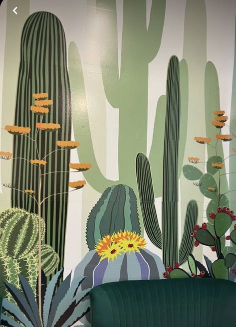 Vintage Mural, Mexican Bar, Mural Inspiration, California Plants, Garden Mural, Mexican Wall, Decor 2024, Wall Paintings, Faux Succulents