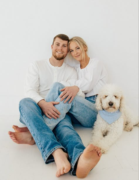 Tristen and Jack are from opposite sides of the country. Work brought both of them to Idaho Falls where they were destined to meet. These two perfectly compliment each other and will be getting married later this summer! Denim And White Shirt Couple Photoshoot, Denim And White Couple Photoshoot, Engagement Photos With Pets, Couples Christmas Photoshoot With Dog, Couple Photoshoot Jeans, White Shirt Blue Jeans Couple Photoshoot, Denim And White Family Pictures, Couples With Dogs Photography, Denim Couple Photoshoot