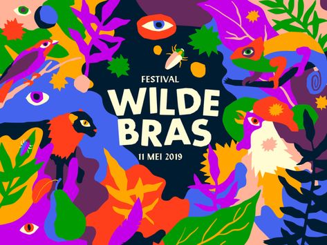 Wildebras Festival 2019 by Nick Liefhebber on Dribbble Summer Festival Graphic Design, Summer Festival Branding, Summer Festival Design, Summer Campaign Design, Festival Design Branding, Tropical Design Graphic, Festival Branding Design, Jungle Graphic Design, Tropical Typography