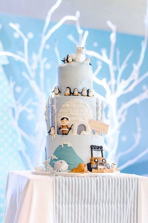 Arctic Animal Birthday Party Arctic Animal Birthday Cake, Arctic Birthday Cake, Arctic Animals Birthday Party, Artic Cake, Arctic Backdrop, Artic Party, Winter Gender Reveal Party, Arctic Cake, Arctic Party