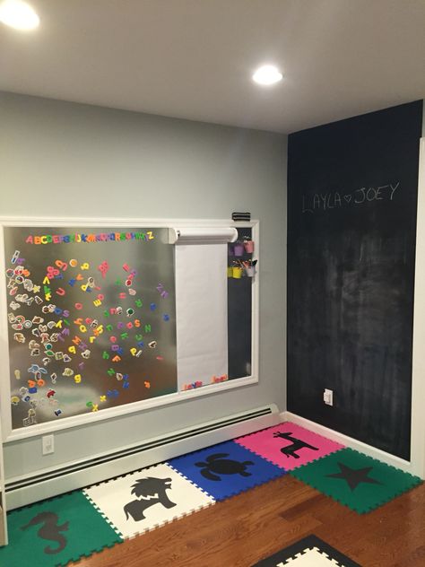 Playroom Art Wall, Chalkboard Paint, Magnetic Wall, On wall Easel Black Playroom Walls, Playroom Sensory Wall, Magnet Wall, Chalkboard Wall Playroom, Magnetic Chalkboard Paint, Kids Art Corner, Daycare Room Ideas, Loft Playroom, Blackboard Wall