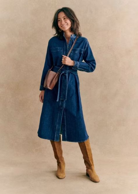 Navi Dress - Dark Blue - Organic cotton - organic textile - Sézane Parisian Studio, Long Sleeve Midi, Long Sleeve Midi Dress, Parisian Style, High Collar, Denim Dress, The Story, Dark Blue, Autumn Fashion