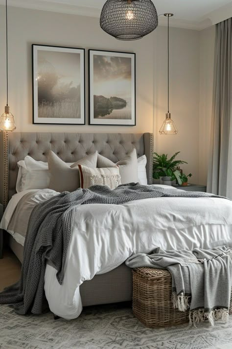 29 Grey Boho Bedroom Decor Ideas 29 Guest Bedroom Grey Bed, Tan And Gray Bedding, Cozy Bedroom Grey Headboard, Grey And Beige Bedding, Beige And Grey Bedding, Grey And Brown Bedroom Ideas, Bedroom Decor Grey Bed, Grey Upholstered Bed Decor, Gray And Brown Bedroom Ideas