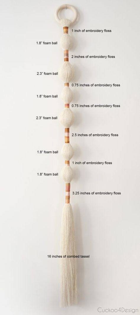 measurements for long narrow wall art tassel using macrame yarn and embroidery floss Combed Macrame Yarn Art, Natural Fiber Wall Decor, Combed Macrame, Useful Macrame, Narrow Macrame Wall Hanging, Boho Yarn Wall Art, Narrow Wall Decor, Diy Fiber Art, Tassel Art