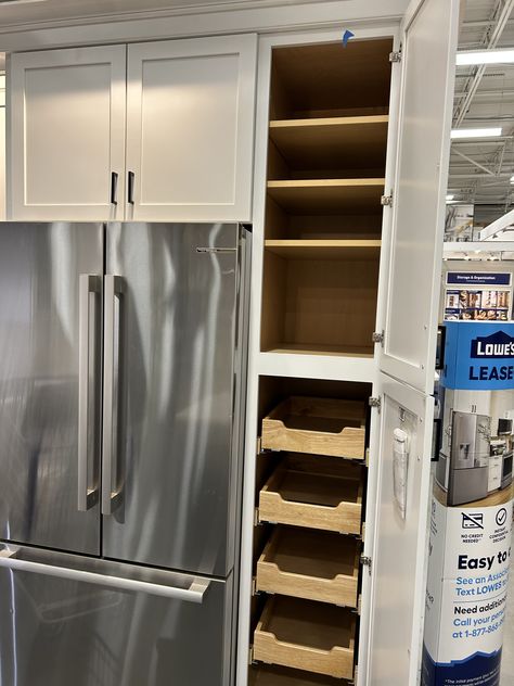 Island Off Wall Kitchen, Food Storage In Cabinets, Pantry Cabinet Next To Refrigerator, Tall Cabinet Next To Fridge, Shelves Around Fridge, Fridge And Stove On Same Wall, Corner Refrigerator Ideas, Tall Cabinet Beside Fridge, Tall Units In Kitchen With Fridge