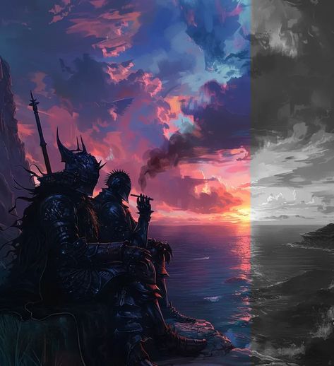 Full Color Image in ai-img-gen.com 🔸 Two knights in black armor smoking cigarettes, sitting on the edge of an ocean cliff at sunset, in t... 🔸 From Midjourney AI Image Two Knights, Ocean At Sunset, Sitting On The Edge, Ocean Cliff, Dramatic Clouds, Sunset Over The Ocean, Black Armor, Color Image, Colour Images