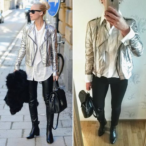 Steal the Look | Mysteries of style silver biker jacket outfit Silver Jacket Outfit, Leather Jacket Outfit Winter, Motorcycle Jacket Outfit, Biker Jacket Outfit, Silver Leather Jacket, Winter Jacket Outfits, Silver Outfits, Silver Jacket, Metallic Jacket