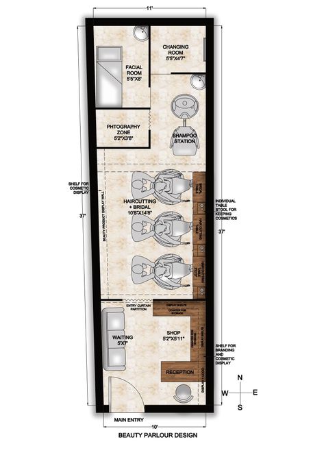 Salon Blueprint Layout, Beauty Salon Floor Plan, Luxury Hair Salon Design, Saloon Designs, Parlour Design, Reception Table Design, Facial Room, Small Salon, Parlor Floor