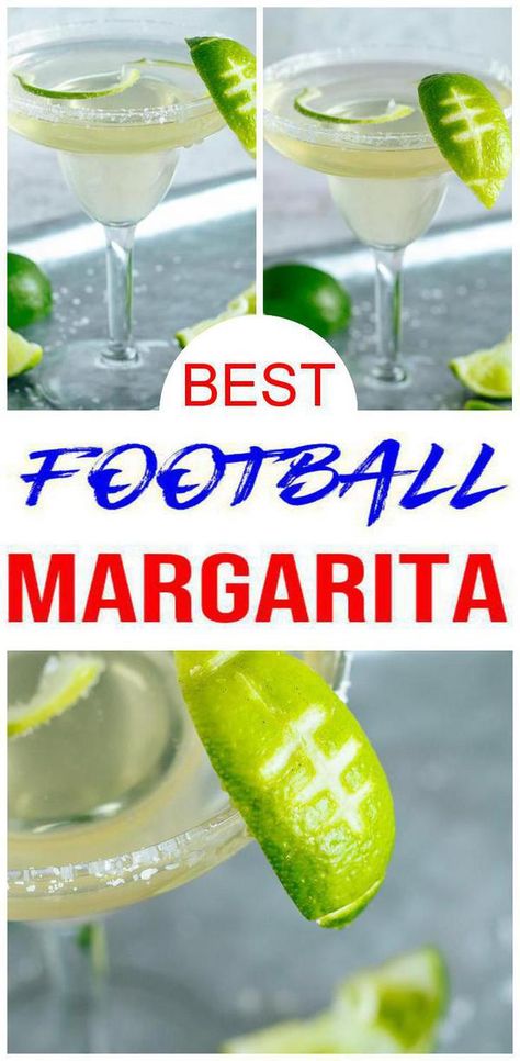 margarita glass with salted rim filled with tequila margarita & lime etched to look like football Football Sunday Cocktails, Football Alcoholic Drinks, Tailgate Margaritas, Football Cocktail Recipes, Superbowl Drinks Alcoholic, Super Bowl Sunday Drinks, Super Bowl Drinks Alcoholic, Football Themed Drinks, Football Cocktails