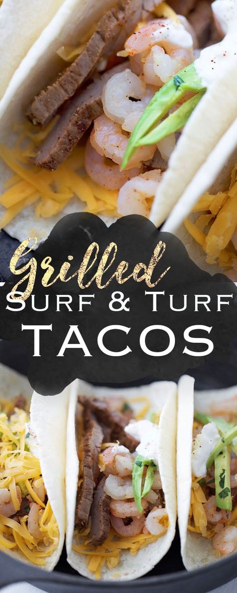 These grilled surf & turf tacos are seasoned to perfection with my own spice mix! A great combo for any night of the week. Surf And Turf Tacos Recipe, Surf And Turf Burrito Recipe, Grilled Surf And Turf, Surf And Turf Tacos, Grilled Taco, Burrito Recipe, Surf Turf, Surf And Turf, Organic Baby Food