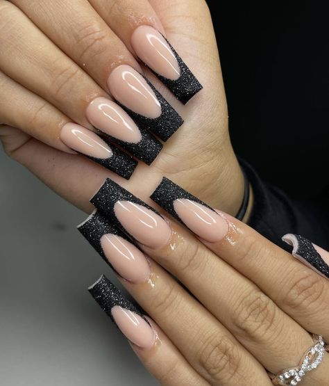 Black Tips With Glitter, Black Glitter Prom Nails, Black Glitter French Tip Nails, Prom Nails Black, Acrylic Nails Black, Nails For Black Dress, Black Prom Nails, Black And Nude Nails, Glittery Nail