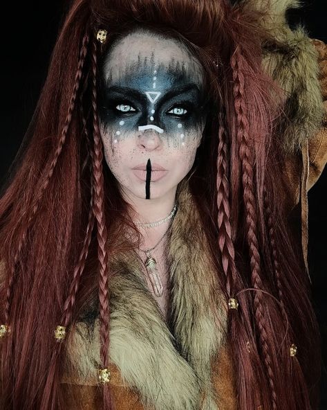 Evil Sorceress Makeup, Viking Warrior Face Paint, Witch Doctor Makeup Female, Nordic Witch Makeup, Devil Make Up Women, Woodland Witch Makeup, Viking Women Makeup, Norse Makeup, Pagan Makeup Witch