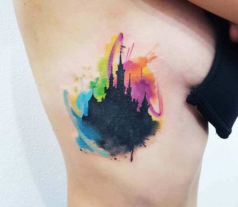 Disneyland Castle Silhouette, watercolor tattoo style done by tattoo artist Ilaria Art | Post 26193 | World Tattoo Gallery - Best place to Tattoo Arts Disneyland Castle Silhouette, Disney Watercolor Tattoo, Disney Castle Tattoo, Harry Potter Tattoo Sleeve, Silhouette Watercolor, Disney Sleeve Tattoos, Castle Silhouette, Castle Tattoo, Disneyland Castle