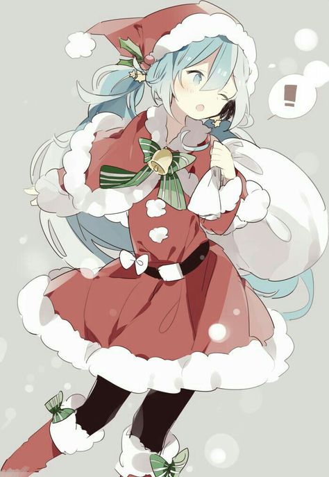 Merry Christmas, Hatsune Miku, Santa Claus, outfit, bag, cute, snowing, winter, text; Vocaloid Nagisa Shiota, Miku Hatsune Vocaloid, Anime Christmas, Anime Base, Manga Cosplay, Nalu, I Love Anime, Holiday Art, Anime Kawaii