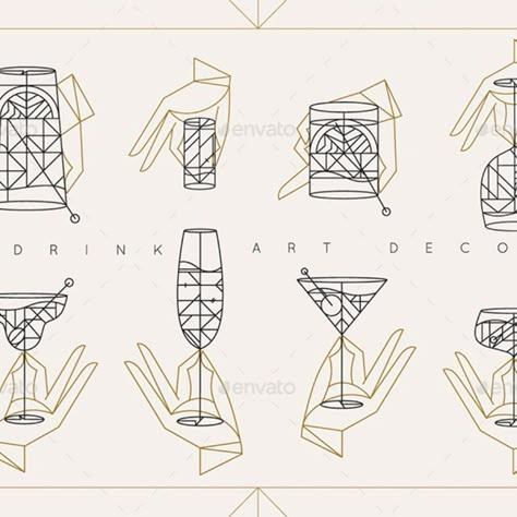 Drink Art Deco Art Deco Drinking Glasses, Art Deco Wine Bar, Art Deco Objects Design, Art Deco Bar Design Inspiration, Art Deco Triangle, Art Deco Branding Design, Art Deco Web Design, Bar Illustration Art, Art Deco Menu Design