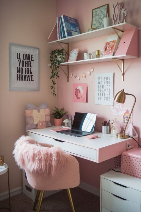 Girly desk setup with pink decor and functional shelving for a small space. Aesthetic Desk Organization, Pink Desk Setup, Bedroom With Desk, Girly Desk, Girly Pink Bedroom, Space Saving Desk, Aesthetic Desk, Pink Desk, Study Organization