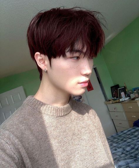 Men Dye Hair Ideas, Black Cherry Hair Color Men, Red Hair Asian Men, Guys With Dark Red Hair, Black Root Red Hair, Man Hair Dye Ideas, Asian Men Hair Dye, Maroon Hair Men, Reddish Brown Hair Men