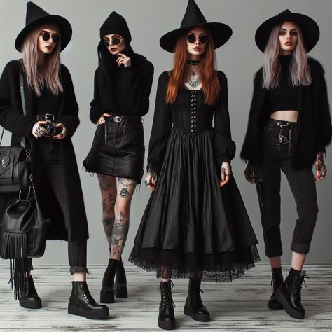 Gothic Holiday Outfit, Dark Witch Aesthetic Outfit, Witchy Outfits Casual, Punk Chic Fashion, Modern Witch Outfit, Witch Aesthetic Outfit, Punk Witch, Girl Boss Outfit