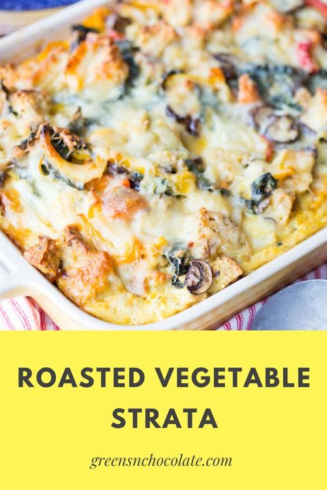 A hearty and healthy vegetarian egg strata filled with roasted vegetables and cheese! It is perfect for a weekend brunch or to make and meal prep for breakfasts throughout the week. #strata #vegetablestrata #roastedvegetables #eggstrata | greensnchocolate.com @greenschocolate Vegetable Strata, Mediterranean Diet Recipes Breakfast, Strata Recipes Breakfast, Strata Recipes, Breakfast Strata, Breakfast Vegetables, Roasted Vegetables, Casserole Dishes, Brunch Recipes