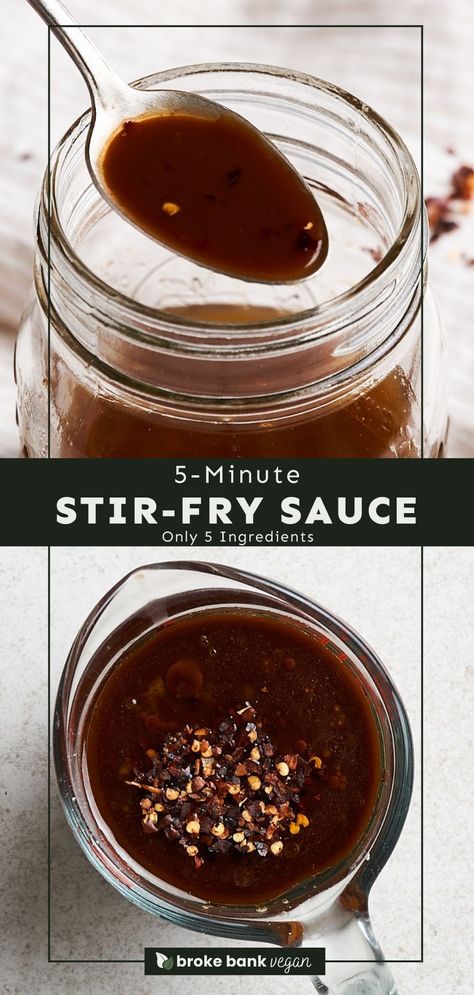 This easy-to-make stir-fry sauce transforms everyday meals into a mouthwateringly delicious masterpiece! Made with 5 ingredients, it’s an affordable yet powerful way to add savory, sweet, and spicy depth to any stir-fry or vegetable-forward recipe. #stirfrysauce #vegansauces #veganstirfrysauce Vegetarian Stir Fry Sauce, Vegan Fish And Chips, Vegan Mushroom Pasta, Vegan Sauce Recipes, Stir Fry Sauce Recipe, Vegetarian Stir Fry, Stir Fry Ingredients, Plant Based Recipes Dinner, Teriyaki Tofu