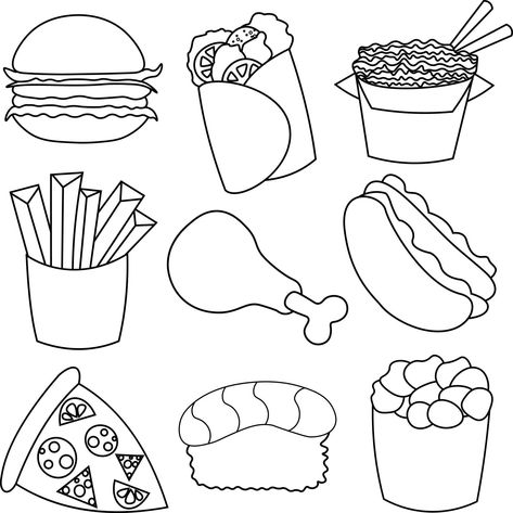 Icons on the topic of fast food in black and white Unhealthy Food Drawing, Healthy Food Drawing, Unhealthy Food Pictures, Fast Food Drawing, Drawing Ideas Food, Food Black And White, Food Worksheet, Healthy Food Pictures, Africa Food