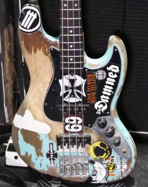 Punk Bass Guitar, Punk Guitar, Custom Bass Guitar, Liberian Girl, Custom Bass, Pretty Guitars, Guitar Diy, Guitar Stickers, Electric Guitar Design