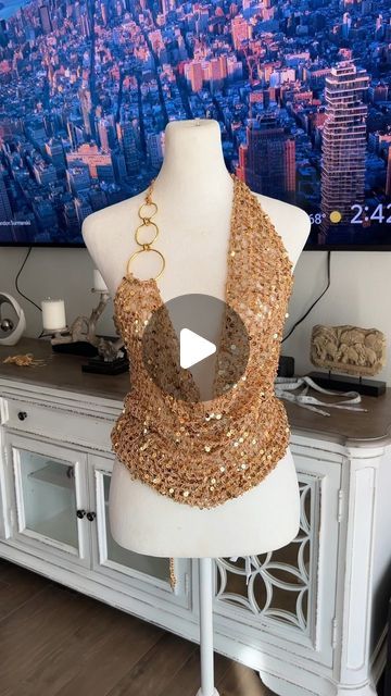 Fatimah Diallo on Instagram: "It’s finally getting warmer so I had to make a new full crochet gold sequin design🤩🤩❤️‍🔥 Prepping for a new drop soon! What do we think? #crochet #knitwear #fashion #explore" Crochet New Years Eve Top, Crochet Sequin Top, Crochet With Sequins, Gold Crochet Top, Stardust Gold Crochet, Gold Sequin, How To Get Warm, Summer Crochet, Knit Dress