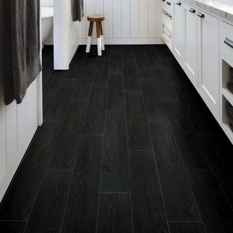 Dark Vinyl Plank Flooring, Black Tile Bathroom Floor, Black Laminate Flooring, Black Vinyl Flooring, Black Wood Floors, Black Tile Bathrooms, Grey Vinyl Flooring, Shaw Flooring, Shaw Floors