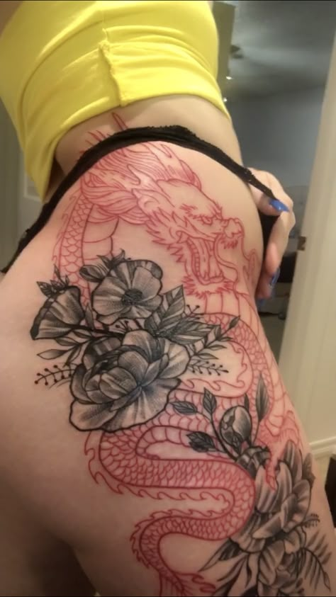 Dragon Tattoos On Thigh, Flowers And Dragon Tattoo, Dragon Tattoo Side Thigh, Dragon On Thigh Tattoo, Red Dragon Tattoos, Black And Red Leg Sleeve Tattoo, Red Tattoo Thigh, Dragon On Hip Tattoo, Dragon Tattoo Flowers