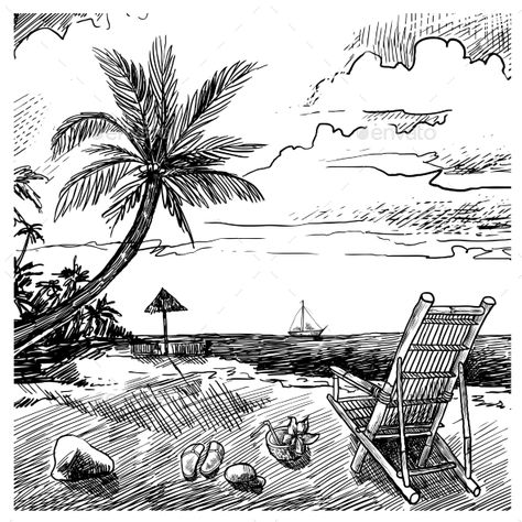 Summer Beach Sketch Beach Sketch, Beach Sketches, Palm Trees Landscaping, Sketch Background, Sketch Free, Beach Drawing, Crazy Wallpaper, Travel Sketches, Cat Air