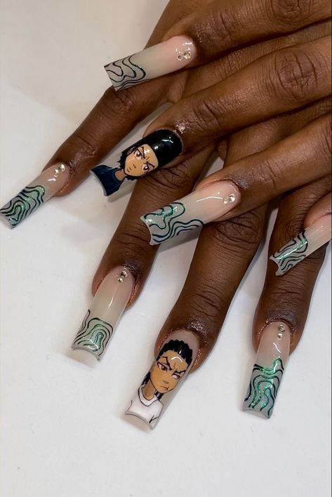 Cartoon Character Nail Designs, Boondocks Nail Art, Nail Art Designs Character, Boondocks Nails, Alien Nails Acrylic, 2000 Inspired Nails, Bratz Nails Acrylic, Character Art Nails, Nail Designs Cartoon