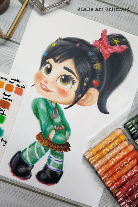 Disney Oil Pastel Art, Wreck It Ralph Vanellope, Ralph Vanellope, Vanellope Von Schweetz, Drawing Step By Step, Oil Pastel Paintings, Pastel Paintings, Drawing Step, Oil Pastel Art