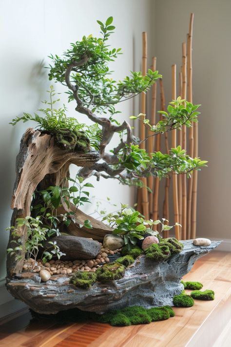 Japanese Indoor Plants, Garden Design Indoor, House Plants Aesthetic, Miniature Garden Ideas, Mini Jardin Zen, Plant Bedroom Aesthetic, Styling Plants, Indoor Zen Garden, Plant Bedroom