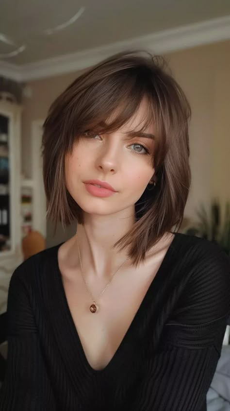 Thick Side Fringe, A Line Bob With Side Swept Bangs, Lob With Bangs And Glasses, Short Hairstyle With Long Bangs, Brunette Bob With Side Bangs, Layered Lob With Wispy Bangs, Short Layered Bob With Side Swept Bangs, Side Bang Bob Haircut, Short Haircuts For Diamond Shaped Faces