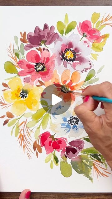 Tammy Kaye on Instagram: "For this loose autumn inspired bouquet of flowers, I start with a large filbert brush and create some big swoopy petals in a very light to wash of color. When everything is dry, I start by adding in some beautiful centers, foliage and leaves, and then my second layer of color to create shadows for the petals.

This is the exclusive October tutorial for my Patreon members. To check out how you can get access to this tutorial and so many more, starting at only three dollars a month, comment “member” and I’ll send you the link to your messages!

#tammykayeart #easypainting #artisticexpression #fallpainting #watercolorflowers #fallwatercolor #watercolorflowers" Filbert Brush, Autumn Inspired, Fall Watercolor, Autumn Painting, Bouquet Of Flowers, Easy Paintings, Autumn Inspiration, A Month, Watercolor Flowers