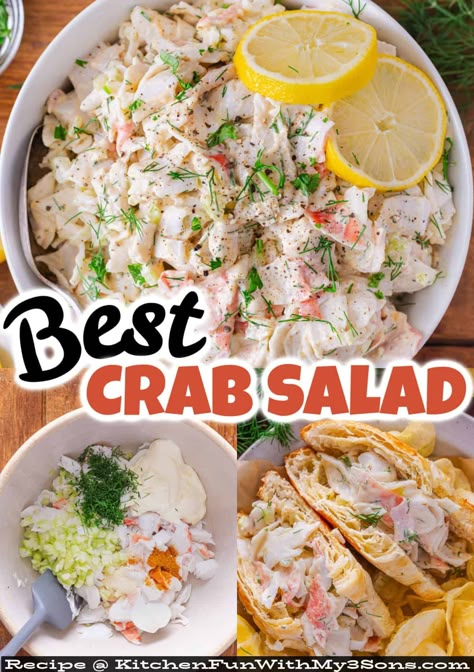 Made with mayo, imitation crab, and a few seasonings, this Creamy Crab Salad recipe is quick and easy to prepare and tastes better than what you can get at the store. Serve on croissants, lettuce wraps, and more. #saladrecipes #seafoodrecipes Tuna Crab Salad, How To Make Crab Salad Recipes, Deli Crab Salad Recipe, Seafood Salad Recipes Cold, Crab Rangoon Pasta Salad, Crab Salad Dip Recipe, Quick Salads For Parties, Crab Salad Recipes Cold, Crab Salad With Cucumber