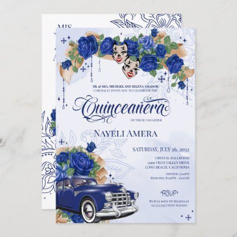 Blue Rose Chola Oldie Lowrider Chicana Quinceanera for $3.20 - Birthday Invitations Lowrider Party Ideas, Blue Lowrider Wallpaper, Lowrider Quinceanera Theme, Blue Quinceanera Ideas, Gold Quinceanera, Blue Quinceanera, Laugh Now Cry Later, Quince Invitations, Quinceanera Planning