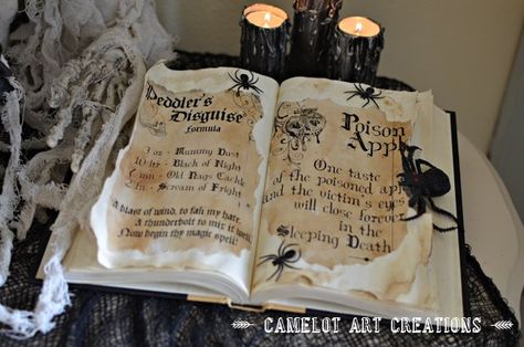 Mom paints the pages of an old book & her kids are gonna love this http://www.hometalk.com/23055161/diy-spell-book?se=fol_new-20161014-1&date=20161014&slg=6be7c56a7cd87f35488472cff74e93eb-1110481 Spell Book Art, Camelot Art, Blood Candles, Diy Halloween Dekoration, Halloween Spell Book, Halloween Spells, Dollar Store Halloween, Witch Diy, Hallmark Channel