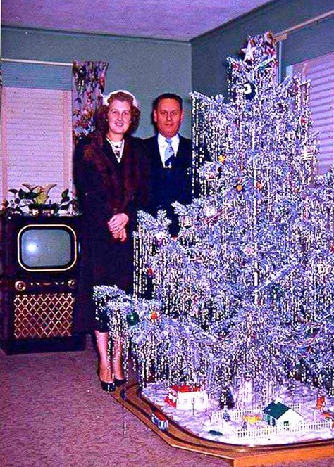 Have a bit of tinsel baby, the first Aluminum Christmas Tree in 1959, count down to the 1960s space age just began, things are starting to change. Aluminum Christmas Trees, Vintage Aluminum Christmas Tree, Aluminum Tree, Pom Pom Tree, Christmas Tree Box, Tinsel Christmas Tree, Aluminum Christmas Tree, Christmas Apps, 1950s Christmas