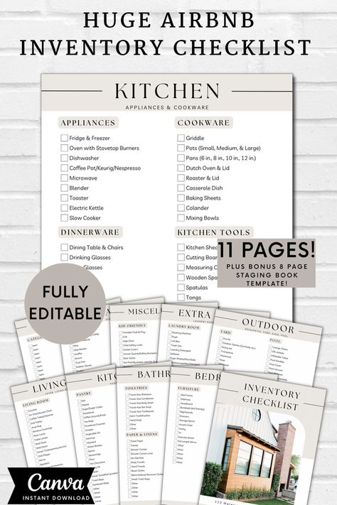 Save time furnishing your Airbnb with this comprehensive Inventory Checklist. Never forget any household items or essentials for your short-term rental property with this printable list! Use this for initial set-up and in-between guests to make sure your rental is properly stocked. Easily Print out multiple copies to leave for your cleaning crew or property management team along with the BONUS Staging book to show them how to properly set-up your rental property. Perfect Airbnb Host Checklist f Rental Checklist Free Printable, Airbnb Supply Checklist, Airbnb Stocking List, Airbnb Inventory Checklist, Moving Timeline Checklist, Beach Appartement, Airbnb Printables, Moving Timeline, Inventory Checklist