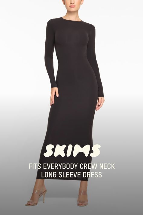 This long-sleeve, double-lined dress is designed to accentuate your silhouette, offering snatching at waist and smoothing for arms, hips, and legs. Fits true to size. | SKIMS Crew Neck Long Sleeve Dress | Black | Small | Fits Everybody Long Sleeve Maxi Bodycon Dress, Long Sleeve Maxi Dress Casual, Long Sleeve Black Maxi Dress, Long Sleeve Dress Black, Maxi Bodycon Dress, Black Dress Outfits, 2024 Style, Black Outfits, Crewneck Dress