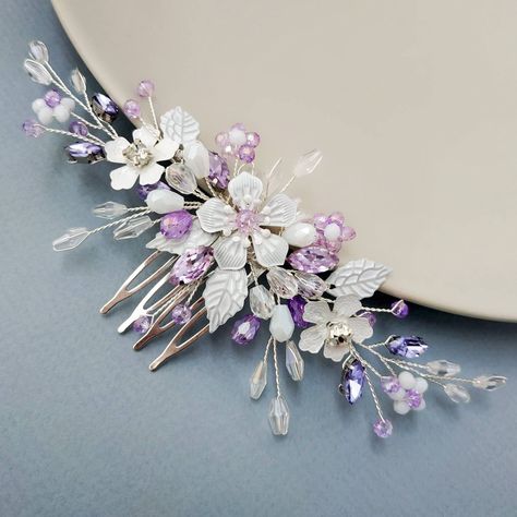 This wedding hair piece is made of: - crystal beads - crystal rhinestones - metal flowers - jewelry wire On the picture of the product you see a product using : violet purple and clear crystal beads, purple rhinestones , white flowers and silver jewelry wire. The length of the decoration on the photo is 6 inches Additional Information -Product will be placed into a gift box -If you need a different color, you can choose it in the list -100% handmade If you need jewelry or accessories in the colo Purple Wedding Hair, Wedding Hair Piece, Hair Comb Bridal, Flowers Jewelry, Bridal Hair Piece, Wedding Hair Comb, Purple Rhinestone, Violet Purple, Hair Comb Wedding