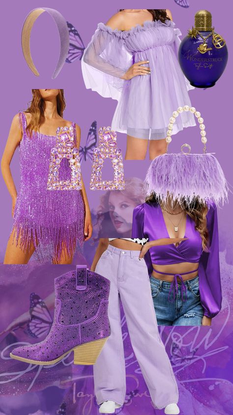 Purple Bachelorette Outfit, Purple Fringe Dress, Eras Tour Concert Outfit, Taylor Swift Eras Tour Concert, Purple Tulle Dress, Feather Purse, Purple Skies, Concert Outfit Inspo, Eras Tour Concert