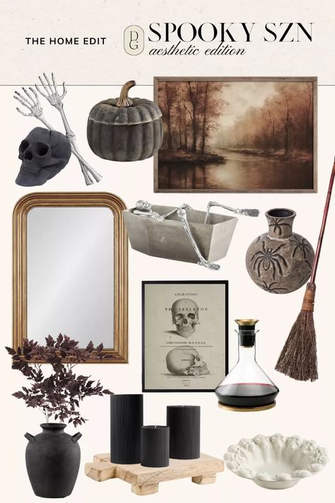 Neutral Halloween Aesthetic, Witch Aesthetic Halloween Decor, Halloween Sideboard Decor, Subtle Halloween Decor, Halloween Decorations Simple, Moody Halloween Decor, Halloween Vibes Aesthetic, Fall Decor Simple, Simple Halloween Decorations