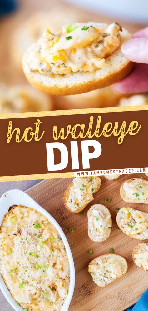 Hot Walleye Dip will be a hit at your holiday entertaining party! Full of flaky walleye, this creamy, tangy new year appetizer idea is mouthwateringly good and completely addictive. Serve this New Year dip with some sliced crusty bread and watch it disappear! Pin this. Pickled Walleye, Walleye Dip, Dip Party, New Years Appetizers, Pickle Dip, Crowd Pleasing Appetizers, Bread Recipes Sweet, Sweet Bread, Crusty Bread